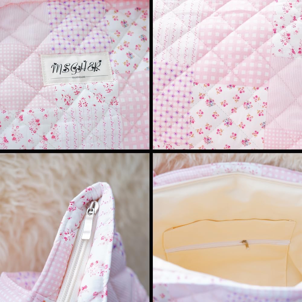 Floral Quilted Tote Bag for Women Large Capacity with Zipper Closure Lightweight Shoulder Bag for Daily Use