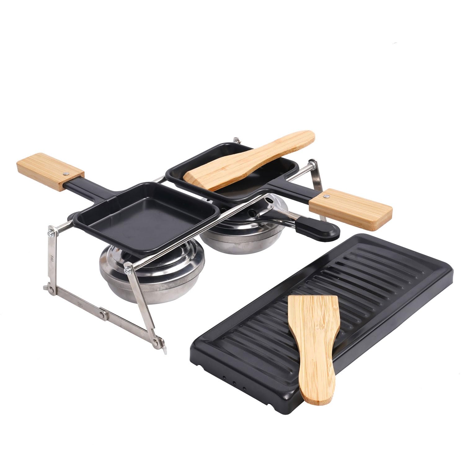 Mini Appareil à Raclette Portable pour 2 Personnes, Plaque Antiadhésive avec Gril, 2 Brûleurs à Alcool, 2 Spatules et Support Métallique Pliable pour Camping, Pique-nique et BBQ