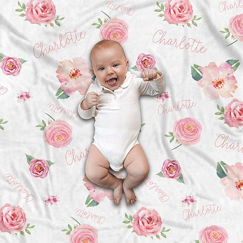 Miniatura 5 de TEEMAN Manta de bebé personalizada con rosas para niñas, diseño floral rosa con nombre personalizado, decoración de guardería, baby shower o cosas,