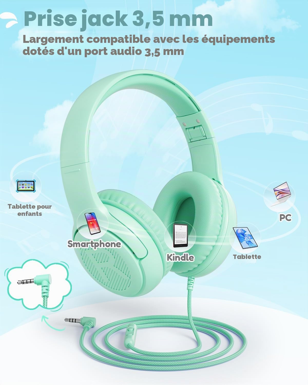 awatrue Casque Audio Enfant, Casque Enfant Filaire avec Volume Limité 85/94db, Fil 3.5 Mm, Pliable, Partager l’Audio, Micro Integré pour Ipad/Voyage/Tablette/Téléphone, Vert