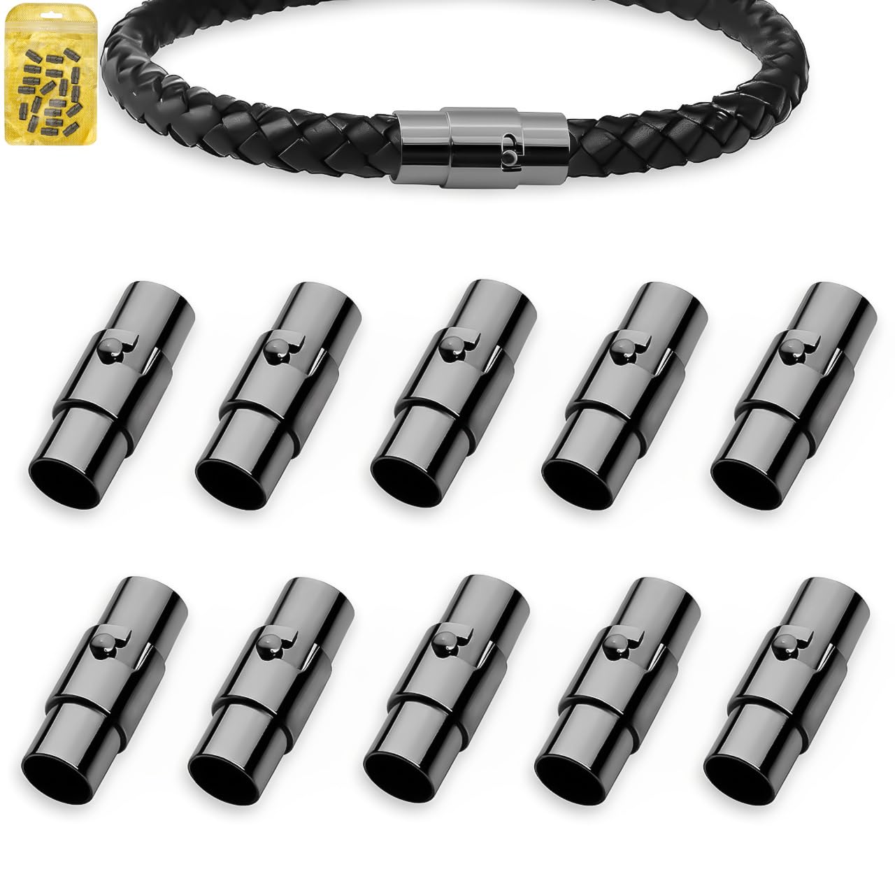 MOAMUN 10PCS Magnetic Bracelet Clasps and Closures, Cord End Caps Magnetic Necklace Clasps, Leather Rope Bracelet Clasp Jewellery Clasp for Bracelets Anklet Jewellery Making DIY Craft (Black, 6 mm)