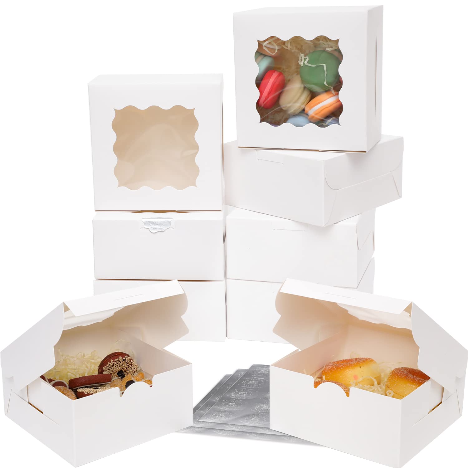 Bakepacker 60 cajas de panadería blancas con ventana de 6 x 6 x 3 pulgadas de grosor y resistentes cajas de pastelería y galletas de macarrones