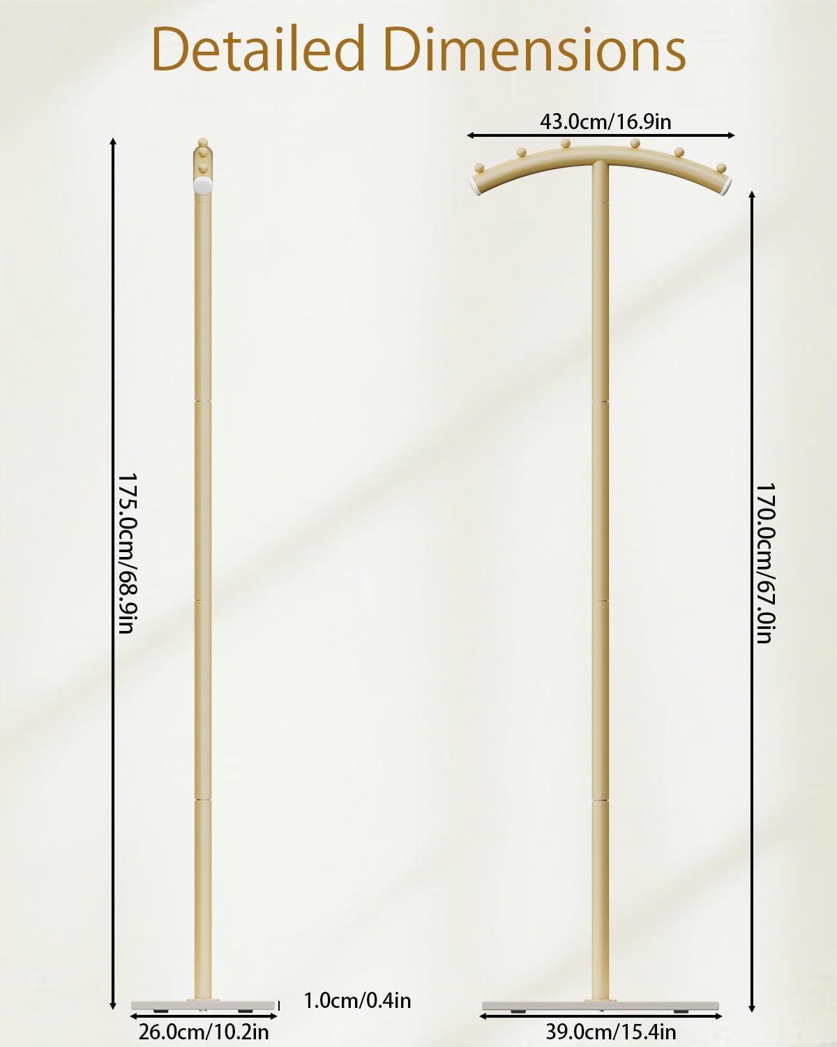 Métal Porte Manteau, Portemanteau sur Pieds Avec Nœuds Métalliques Anti-Glissement, Portant à Vêtements avec Dalles de Roche Lourdes, pour Entrée, Salon, Chambre, Bureau, 175cm, Doré