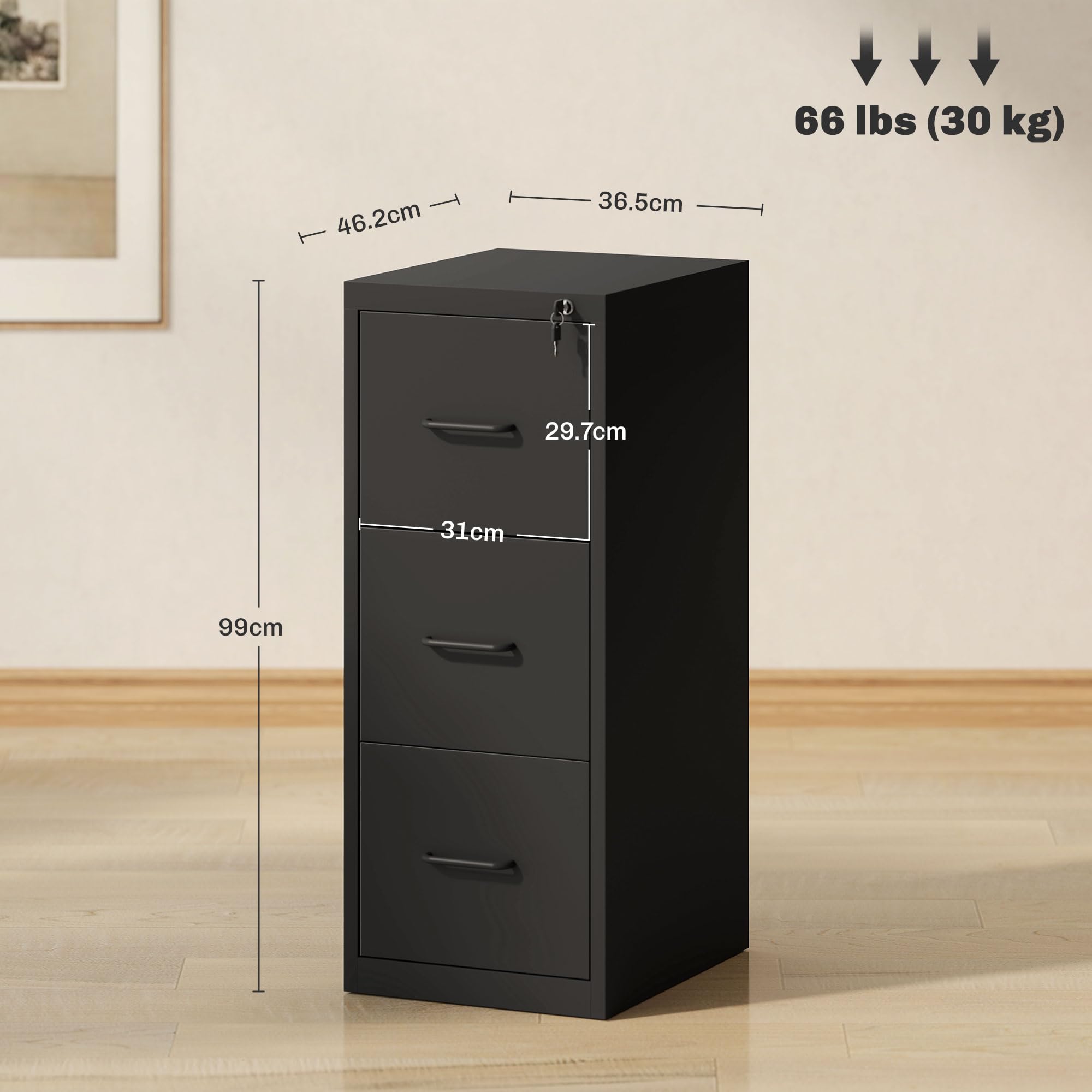 HOMCOM Schedario da Ufficio a 3 Cassetti con Barra Regolabile, Cassettiera in Acciaio per Documenti, Perfetto per Ufficio, Casa e Studio, 36.5x46.2x99 cm, Nero