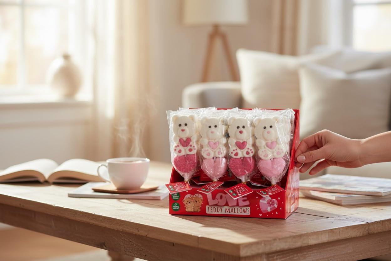 Becky's Teddy Mallows - 24er Display Marshmallow-Lollis am Stiel – Süße Teddybär-Schaumzucker-Figuren mit Herz - Ideal als Geschenk, Mitbringsel & Valentinstag (Lolli Teddy Marshmallow)