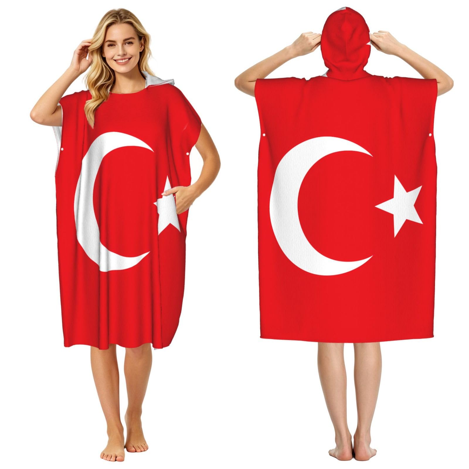 Zaixiansj 110cm Flag of Turkey Print Adult Changing Robe Hooded Towel Poncho Surf Swim Beach Cover Up with Pockets
