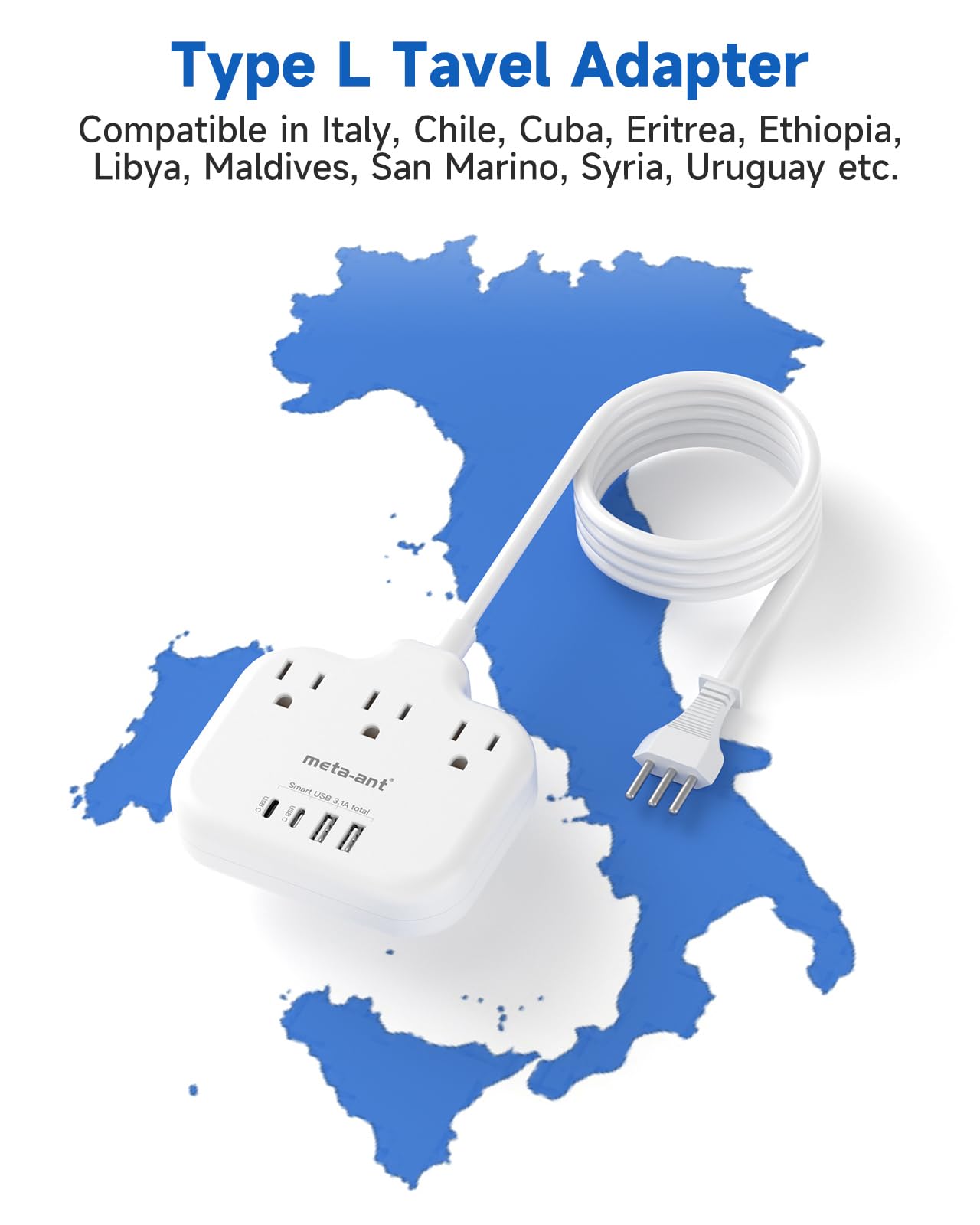 meta-ant Adattatore da viaggio Italia con 3 prese USA, 4 porte USB (2 USB-C)