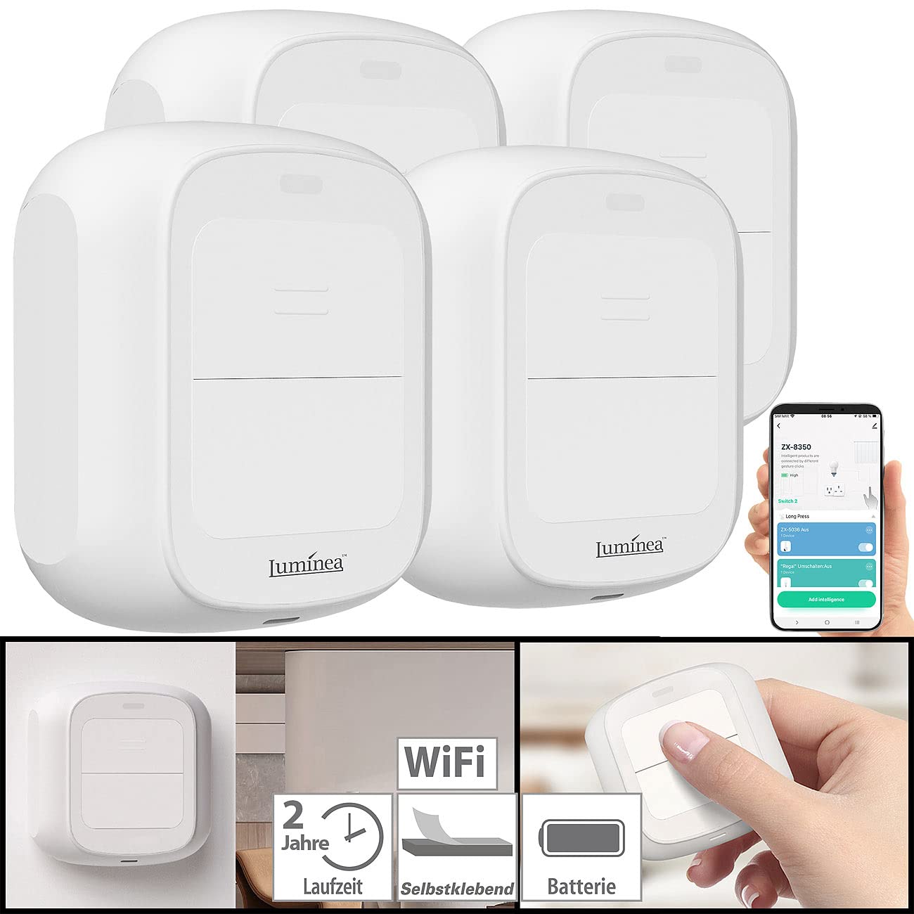 Luminea Home Control Funk Lichtschalter: 4er-Set Smarte WLAN-Fernbedienung mit 2 Tasten, Licht & Szenen steuern (Funk-Lichtschalter Aufputz, App-Fernbedienung, Steckdose Schalter)