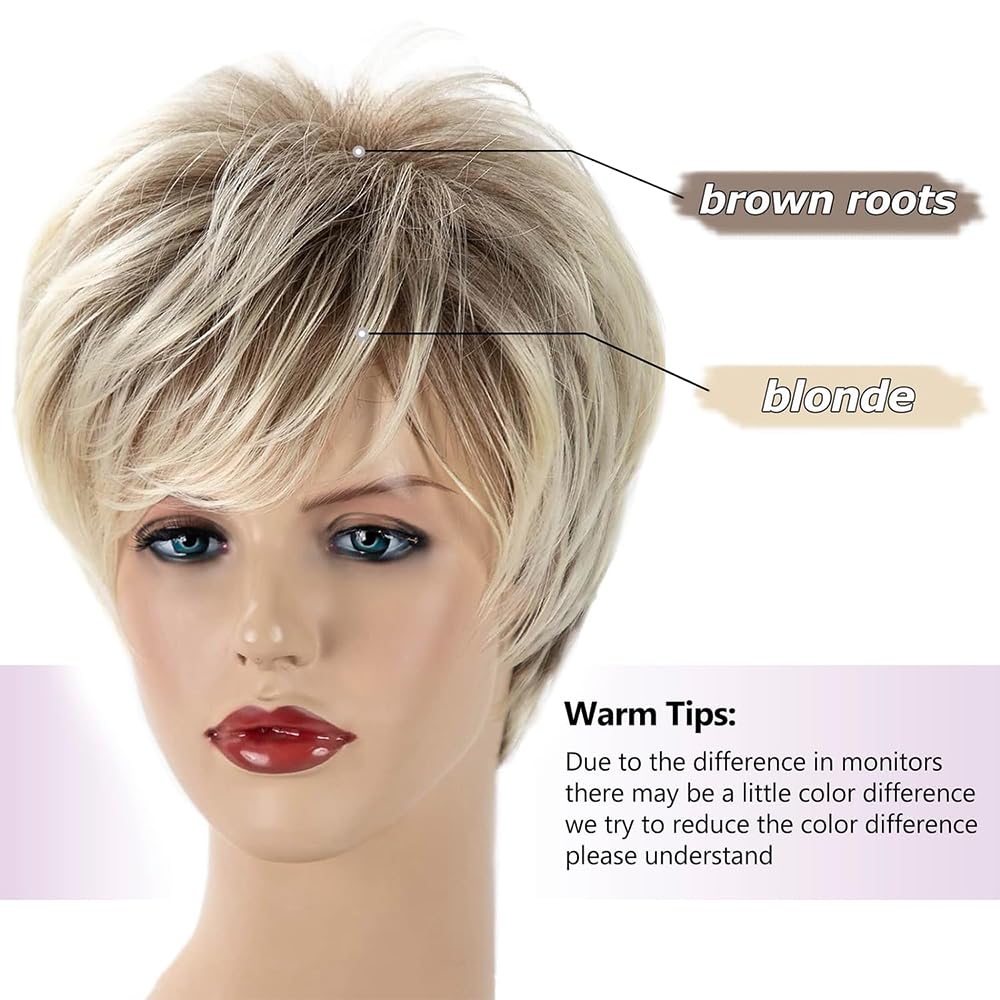 YuanYouTong Short Blonde Wigs for Women Pixie Cut Wig with Bangs Ladies Natural Layered Synthetic Hair Wig Blonde Mix White Wig for Daily Fancy Dress Accessory Costume Cosplay Halloween Party Use - Image 4