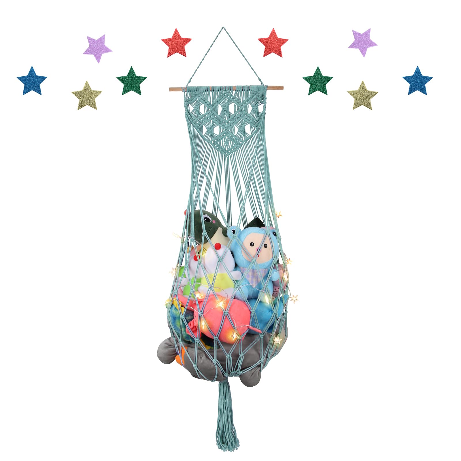 Stuffed Animal Storage Hammock, 63'' Jumbo Boho Macrame Corner Toy Hammock Wall Hanging Net Holder for Nursery Teddy Plushie, Turquoise Plush Toy Net with Star Light for Baby Boys Girls Gift