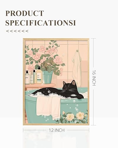 Miniatura 3 de InSimSea Lienzo enmarcado para pared, decoración de pared de baño, arte de pared de gato negro japonés en una bañera, arte de pared, póster de