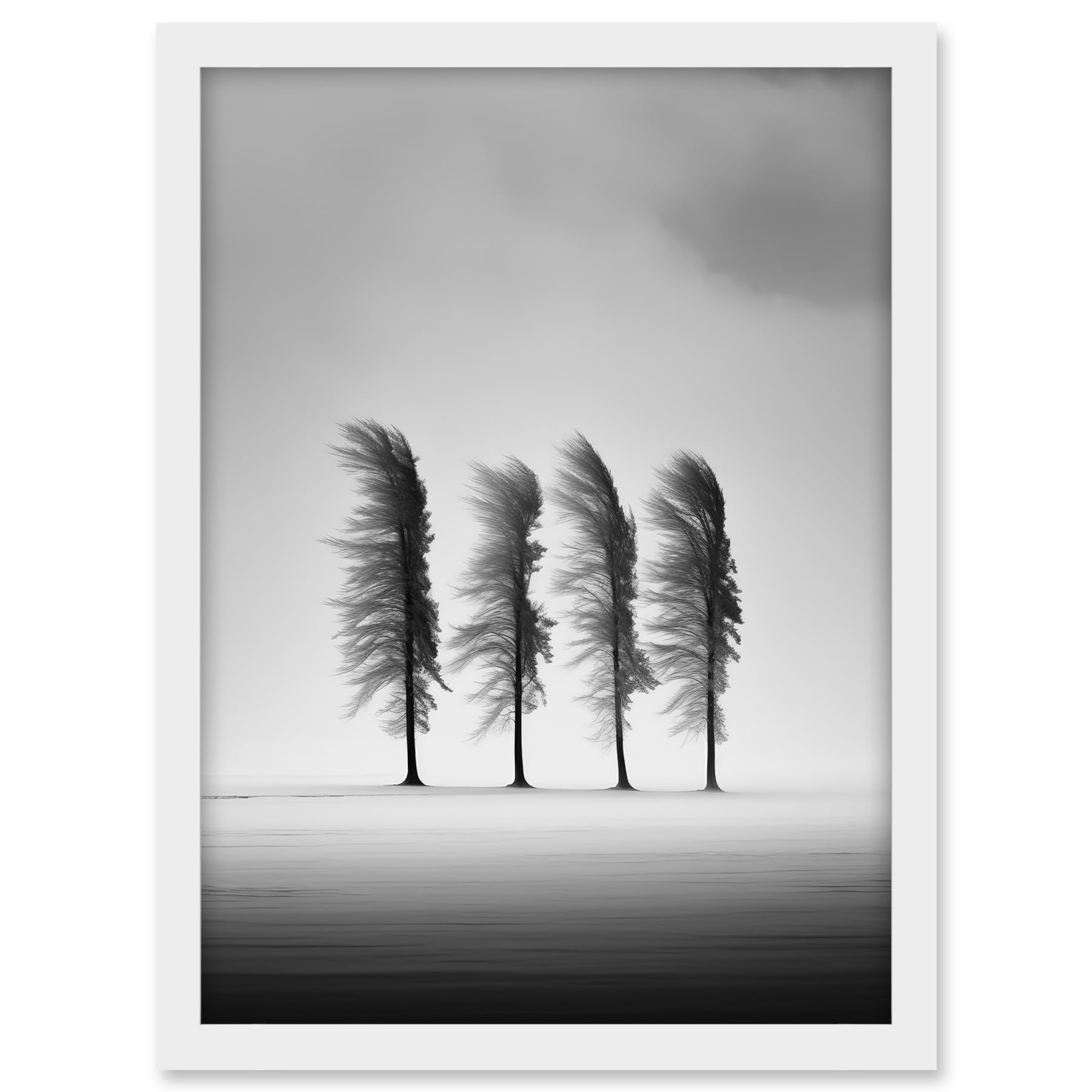Artery8 Still Holding Strong Black and White Winter Landscape Photograph Wind Blowing on a Row of Cypress Hills Artwork Framed A3 Wall Art Print