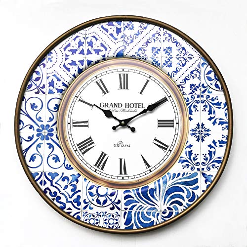 Rebecca Mobili Horloge Murale, Horloge de Mur Ronde, Metal, Blanc Marron Bleu, Style Vintage - Diamètre 50 cm x 4,5 cm - Art. RE6383
