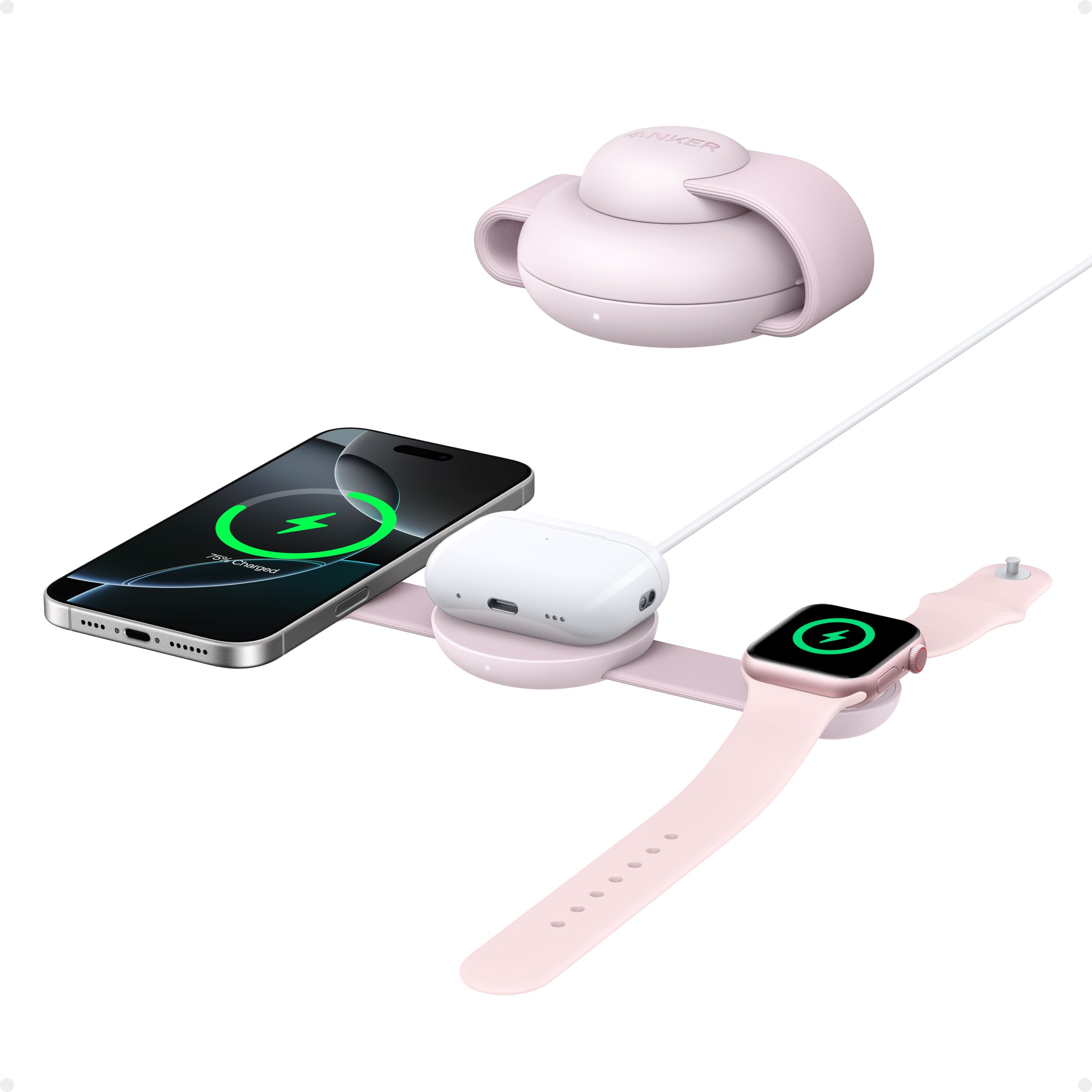 Stazione di ricarica wireless 3-in-1 Anker MagGo 15W, compatibile con MagSafe, certificato Qi2, pieghevole e portatile per iPhone 15/14/13/12, AirPods, Apple Watch e altro (caricatore USB-C incluso)