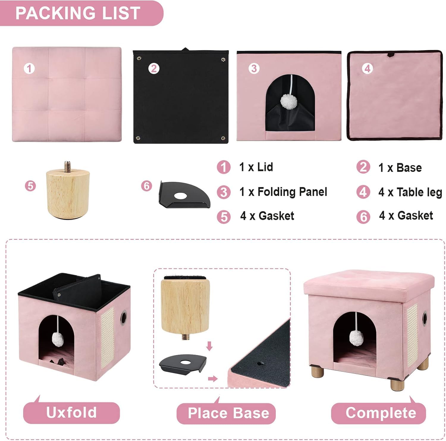 BRIAN & DANY Pieghevole Cuccia Gatto, Casetta Grande per Gatti con Tiragraffi e Pallina da GiocoGrigio, 37,5×32,5×36cm, Rosa