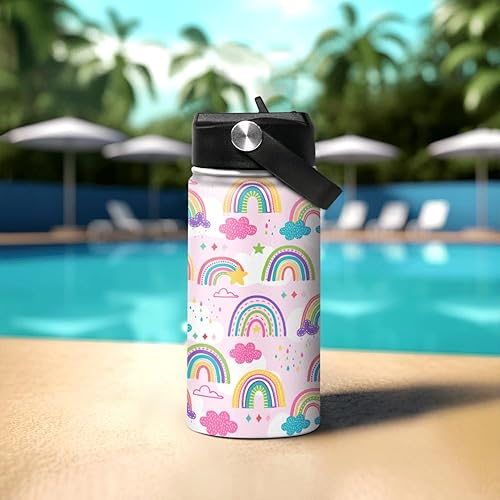 Miniatura 7 de Botella de agua para niños, botellas de agua arcoíris de 12 onzas con pajita, aislamiento de acero inoxidable, vaso escolar de viaje de doble pared