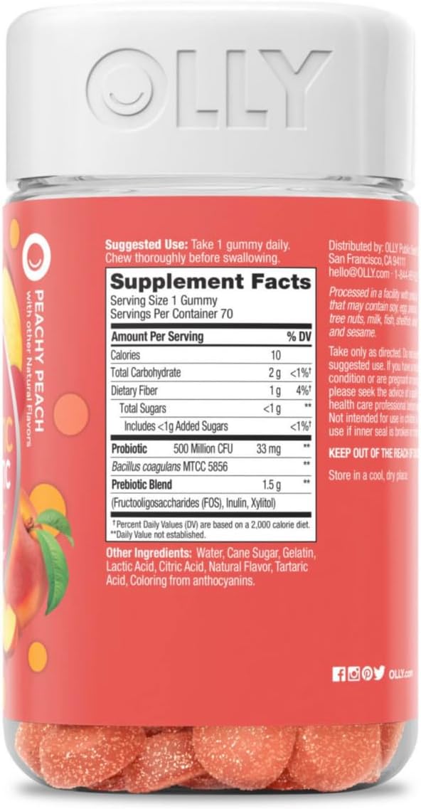 OLLY Probiotic + Prebiotic Gummy, Digestive Support and Gut Health, 500 Million CFUs, Fiber, Adult Chewable Supplement for Men and Women, Peach, 70ct