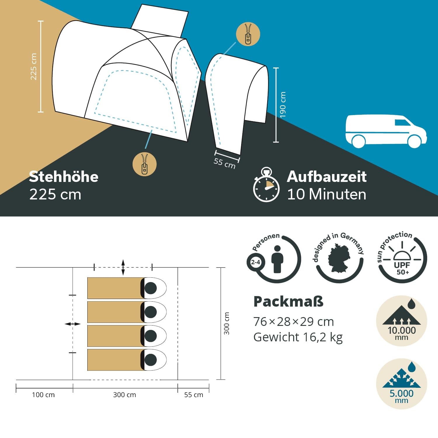 Skandika Kuppelzelt Pitea 4 Flex Protect Bundle mit Van-Schleuse | Campingzelt für 4 Personen, mit Schleuse für Van, eingenähter Zeltboden, Wassersäule 5000 mm, UPF 50+ | Zelt, Camping, Outdoor