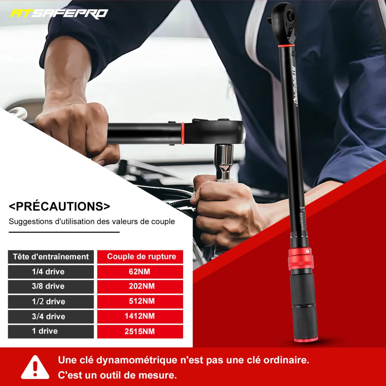 ATsafepro Clé Dynamométrique 1/2" 20-230 Nm Avec Adaptateur 1/2" Vers 3/8", Précision ±3%, Pour Voiture, Moto, Camion