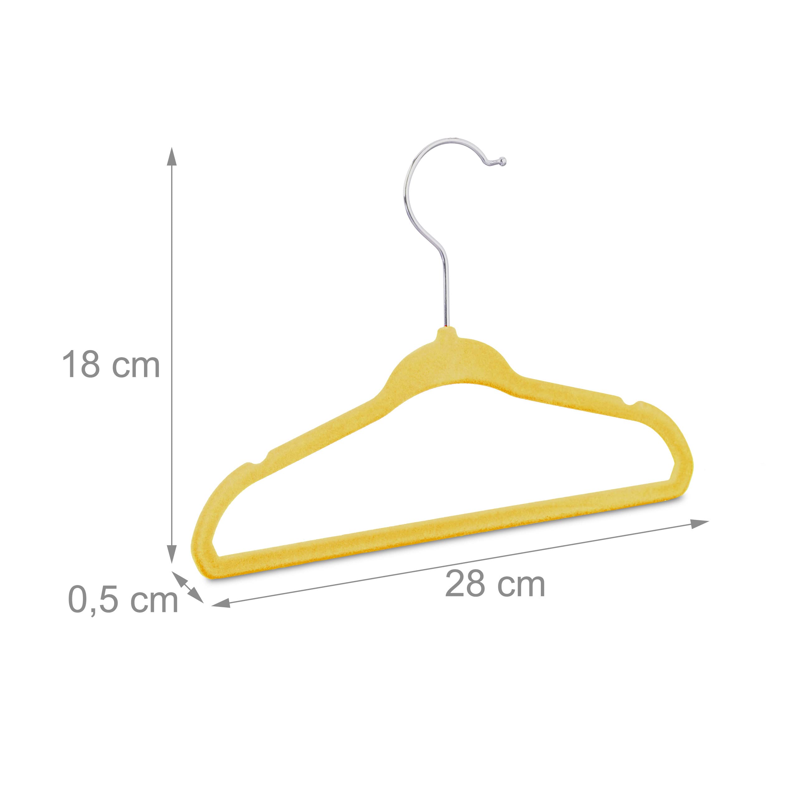 Relaxdays pack de 20 perchas infantiles, Plástico y terciopelo, Antideslizantes, 18 x 28 x 0,5 cm, Amarillo
