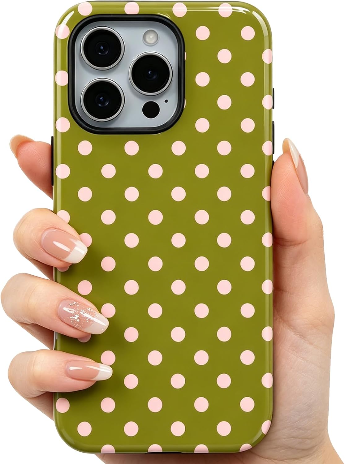 Compatible with iPhone 16 Pro Max Phone Case Olive Green with Pink Polka Dots Phone Case Cute Aesthetic Dual Layer Shockproof Protective Cover for Women