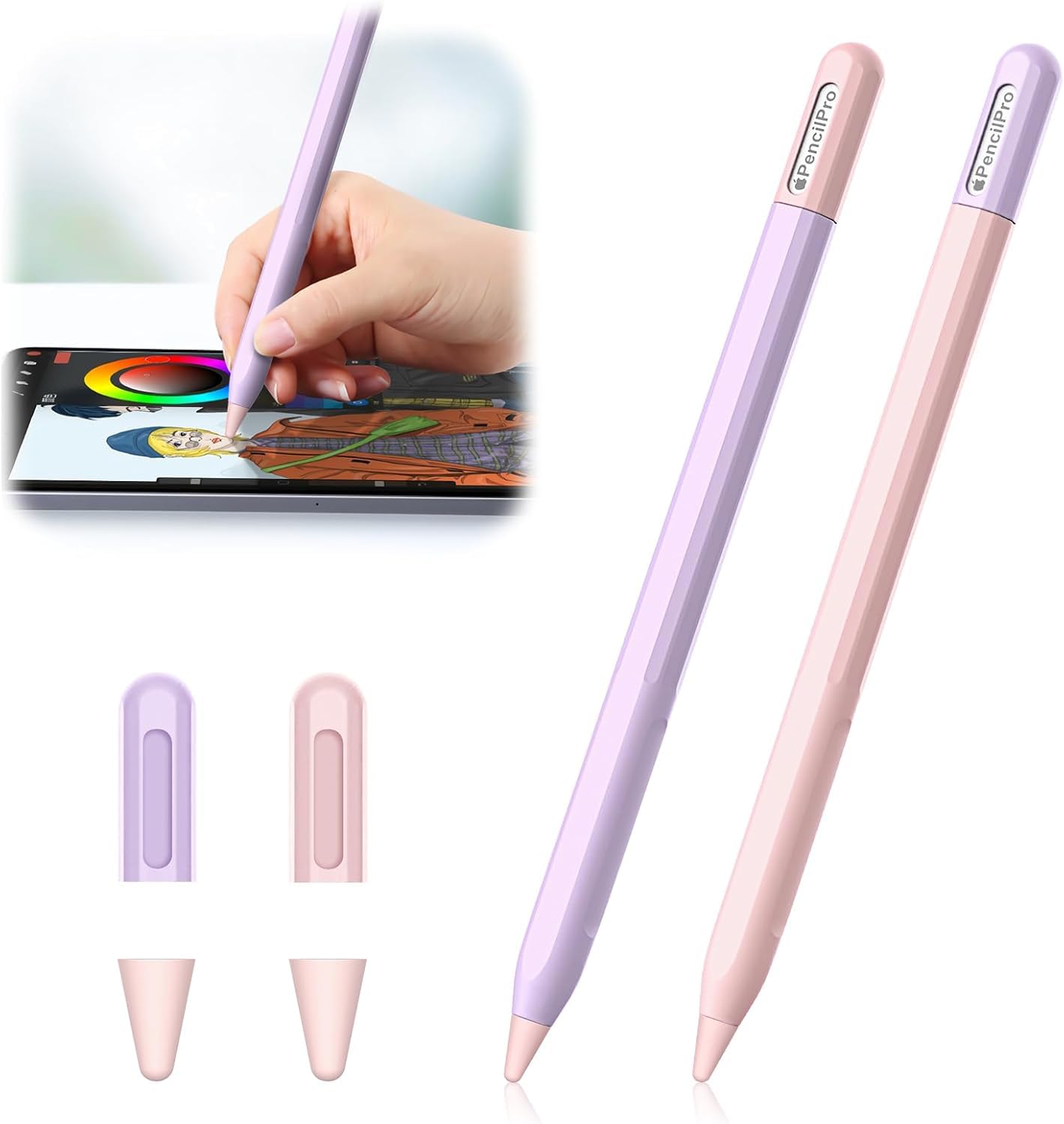 2 silikonowe etui do Apple Pencil Pro & Apple Pencil 2. generacji, Color Clashing Design Pencil Cover do Apple Pencil Pro/2. generacji, z 2 akcesoriami do etui (różowe + fioletowe)