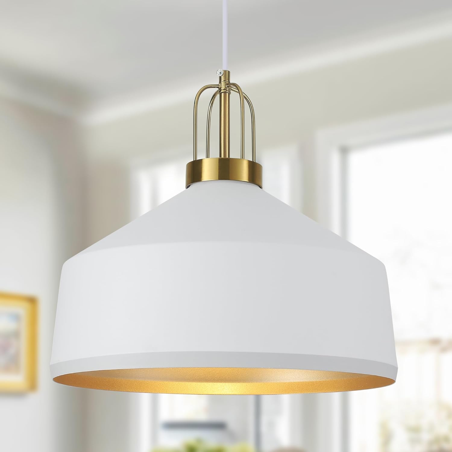 13.77" Dome Pendant Light Modern White and Gold Chandelier for Dining Room Adjustable Metal Hanging Lighting Fixture for Kitchen Island Bedroom Restaurant and Hallway