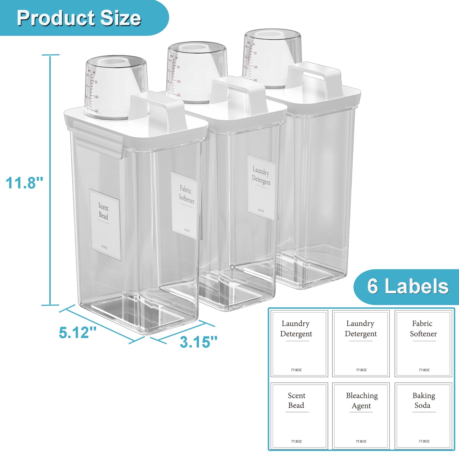 Dispenser per detersivo per bucato, confezione da 3 dispenser per liquidi, in plastica, per lavanderia, polvere e ammorbidente con etichette, trasparente