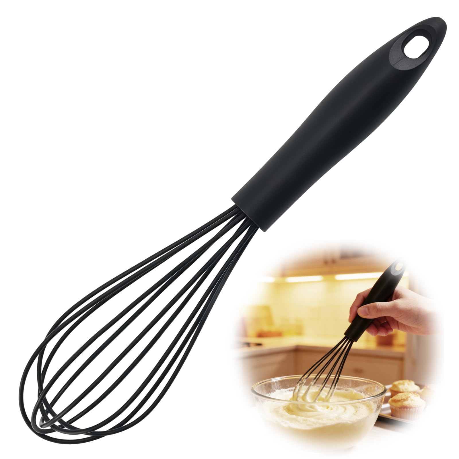 Vyqrx 10 Inch Silicone Whisk, Black Balloon Whisk with Plastic Handle, Non-Scratch Plastic Whisk Heat-Resistant Egg Whisk for Cooking, Baking, Whipping & Stirring (Black)