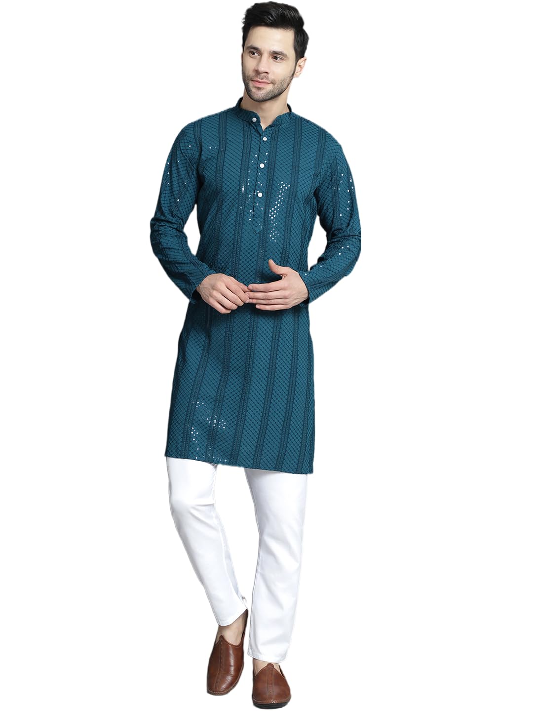 Jompers Men's Peacock Sequins Chikankari Embroidered Kurta With Pyjama. (Peacock, Xl)
