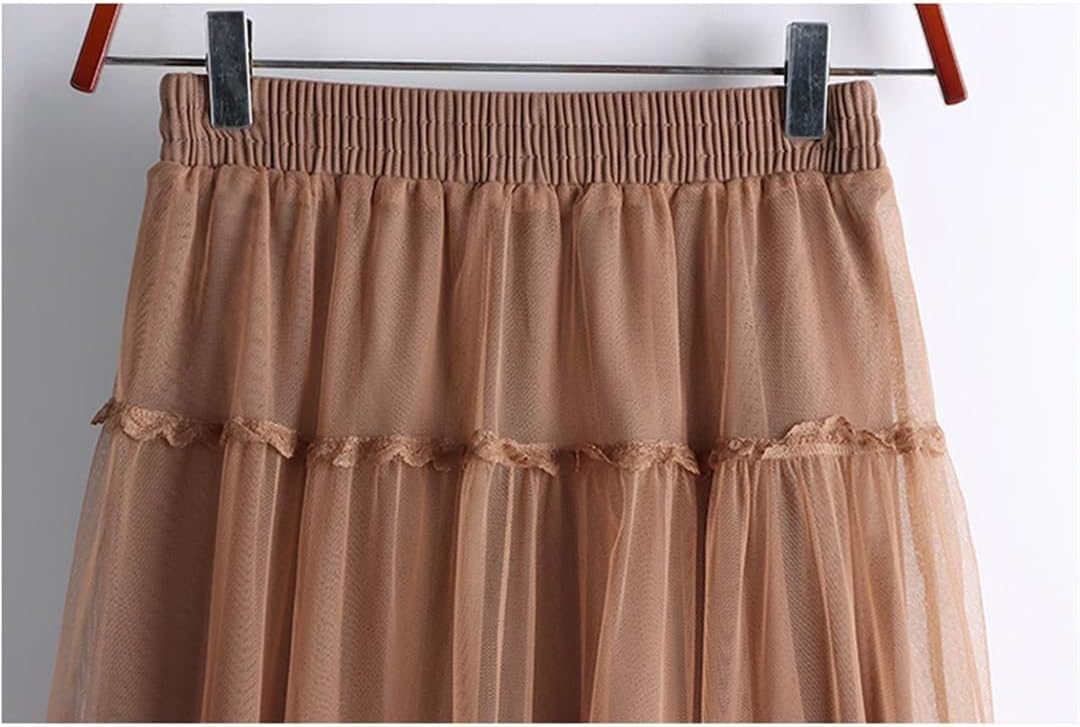 Patchwork Lace Tulle Skirt for Women Spring Summer Elegant Solid Mesh High Waist Midi Long Skirt