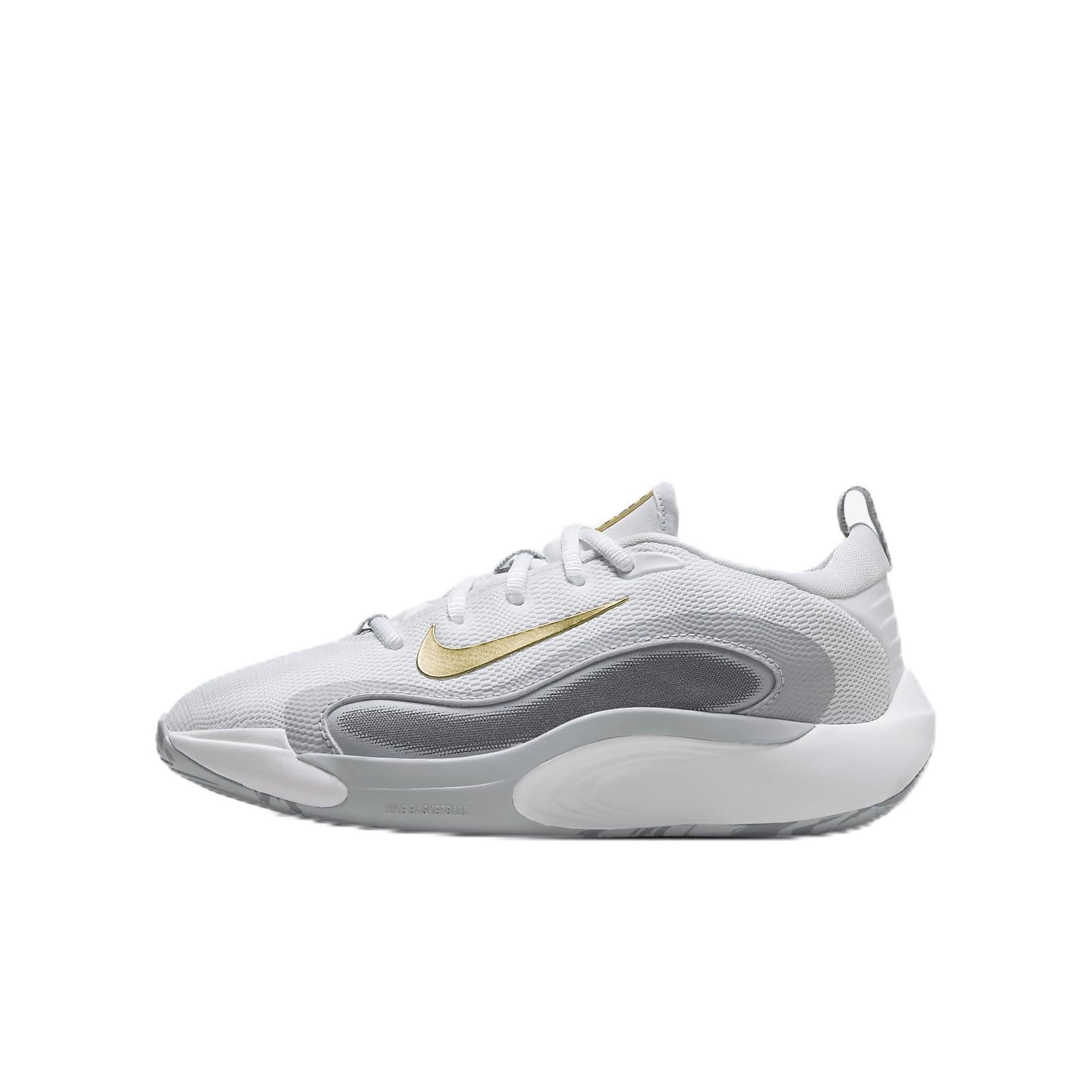 Nike IsoFly Big Kids' Basketball Shoes (FN4384-100, White/Cool Grey/Wolf Grey/Metallic Gold Star) Size 4