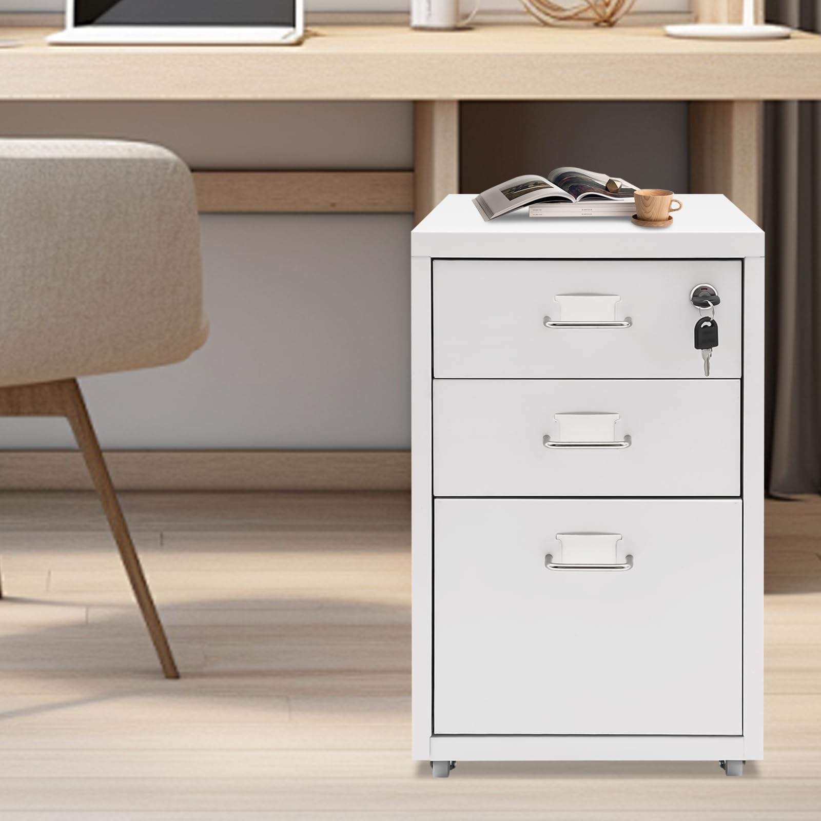 Archivador vertical con cerradura, almacenamiento de metal rodante de 3 cajones para suministros de oficina y archivos estándar, diseño móvil con ruedas, solución de organización segura