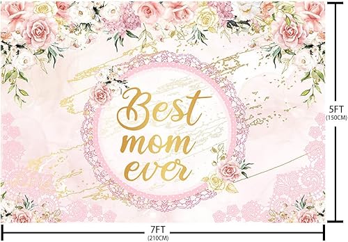 Miniatura 5 de Fondo de 7 x 5 pies para el Día de la Madre con texto en inglés "I Love You Mom Best Mom Ever", decoraciones de fiesta, flores rosas, hojas verdes,