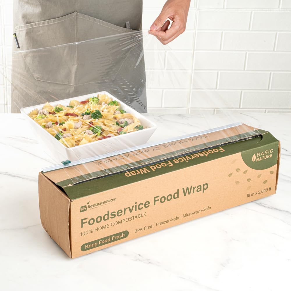 Restaurantware Basic Nature - Envoltura de alimentos de 18 pulgadas x 2000 pies, 1 envoltura adhesiva para microondas, con cortador deslizante integrado, plástico transparente congelable, envoltura de