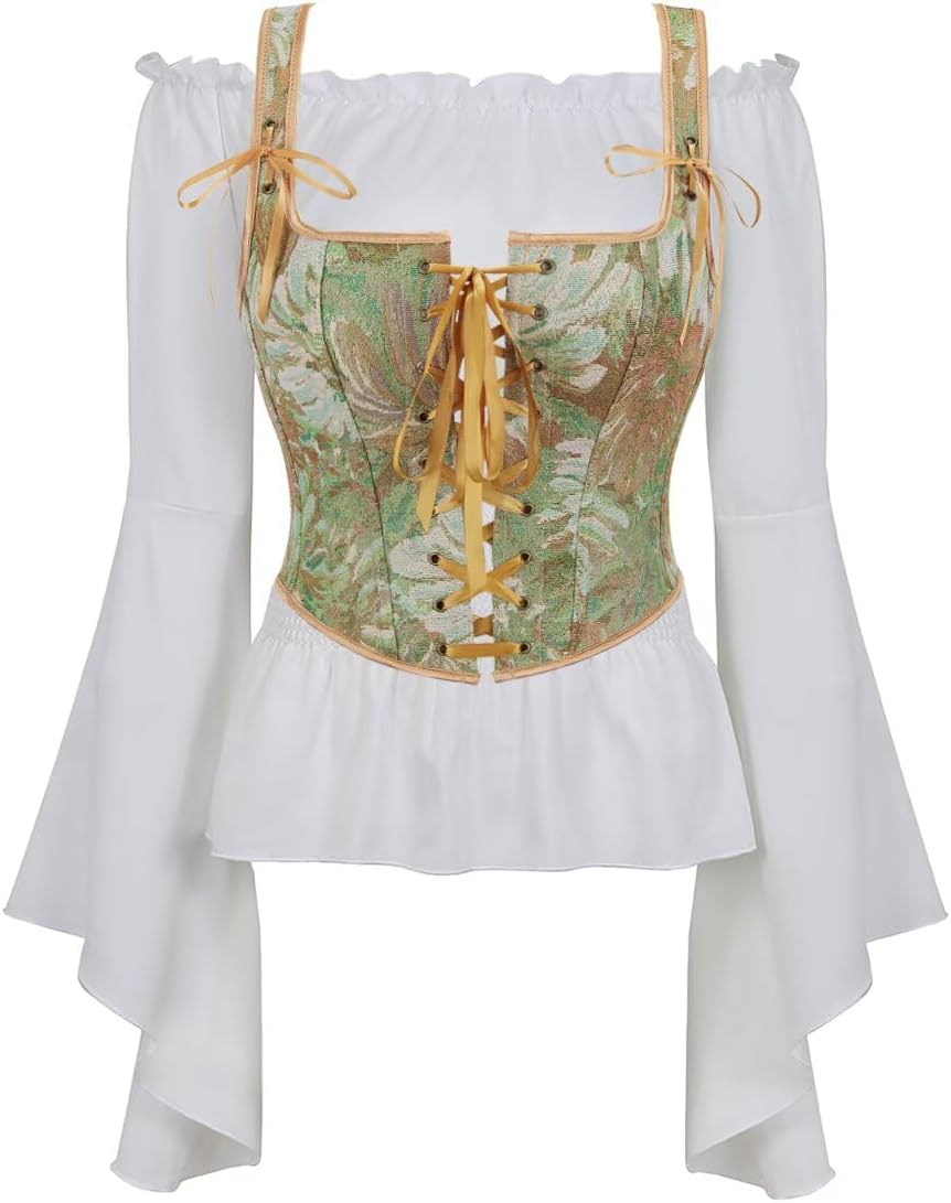 Women Corset 2 Piece SetTop Long for Renaissance Medieval Peasant