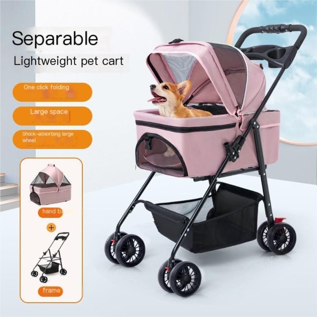 Pet Strollers Pet Stroller for Outings, Small Pull Cart, Puppy Stroller, Dog Walking Cart, Small, Lightweight, Foldable Cat Pet Stroller Medium(Pink)