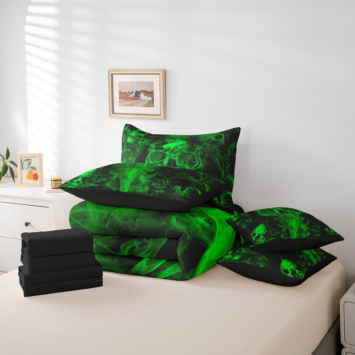 Erosebridal Green Skull Comforter Set Full 7 Piece Gothic Skeleton Halloween Bedding Set with Sheets for Kids Boys Teen Men Hippie Smoke Bed in A Bag Goth Skull Bed Set Reversible