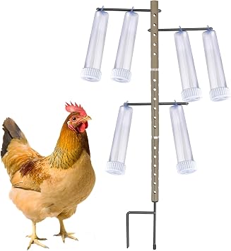 Upgraded Chicken Treat Dispenser, Adjustable Indoor/Outdoor Ground Pole&3 Support Rods, 6 Clear Treat Tubes with Different Types, Easy to Install&Add Food, Fits for Small, Medium&Large Treats