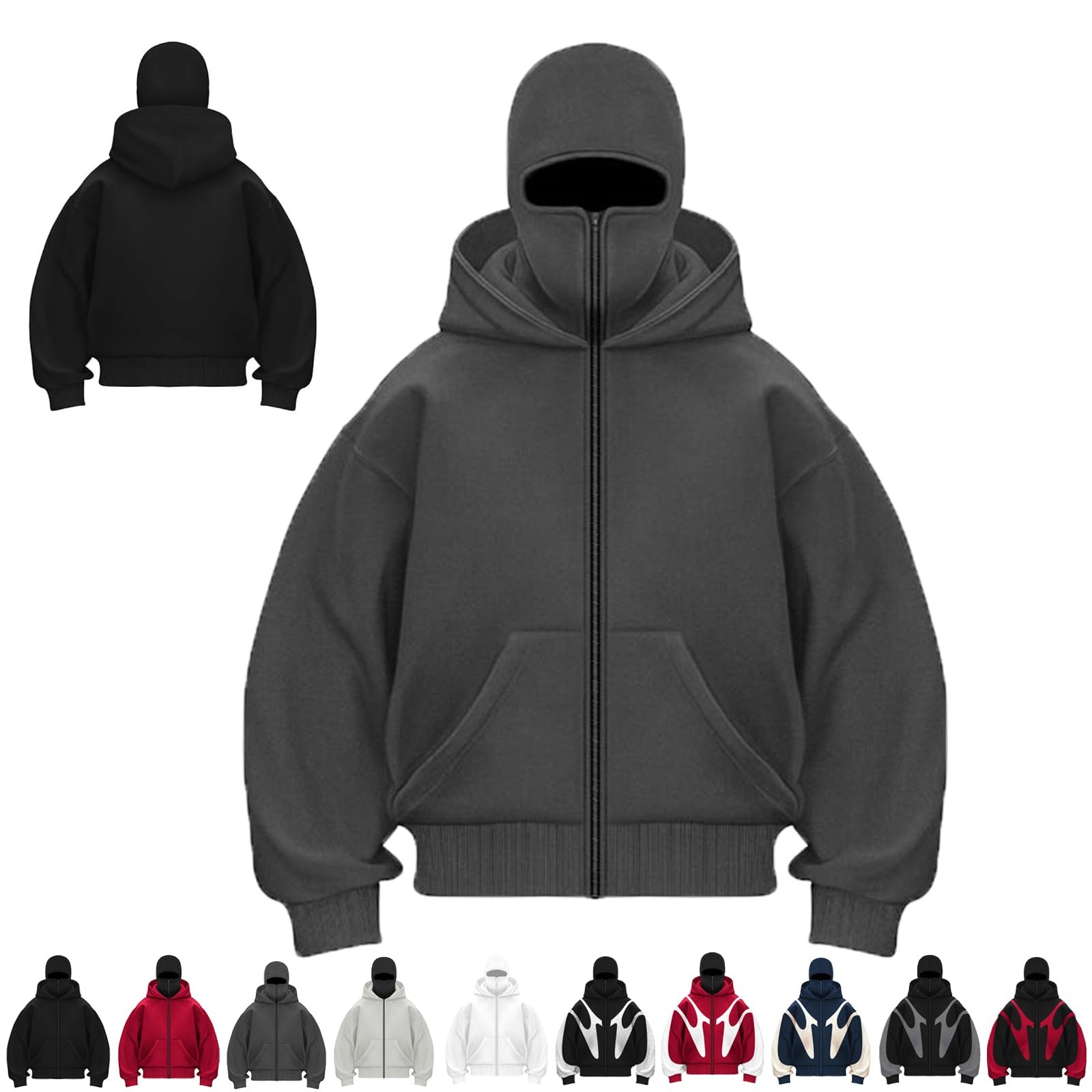 Mghn Men's Dark Gray Balaclava Hoodie Zipper, Winter Wind-Resistant Hoodies Balaclava Double Hooded Fleece Zip Jacket With Mask(,L)