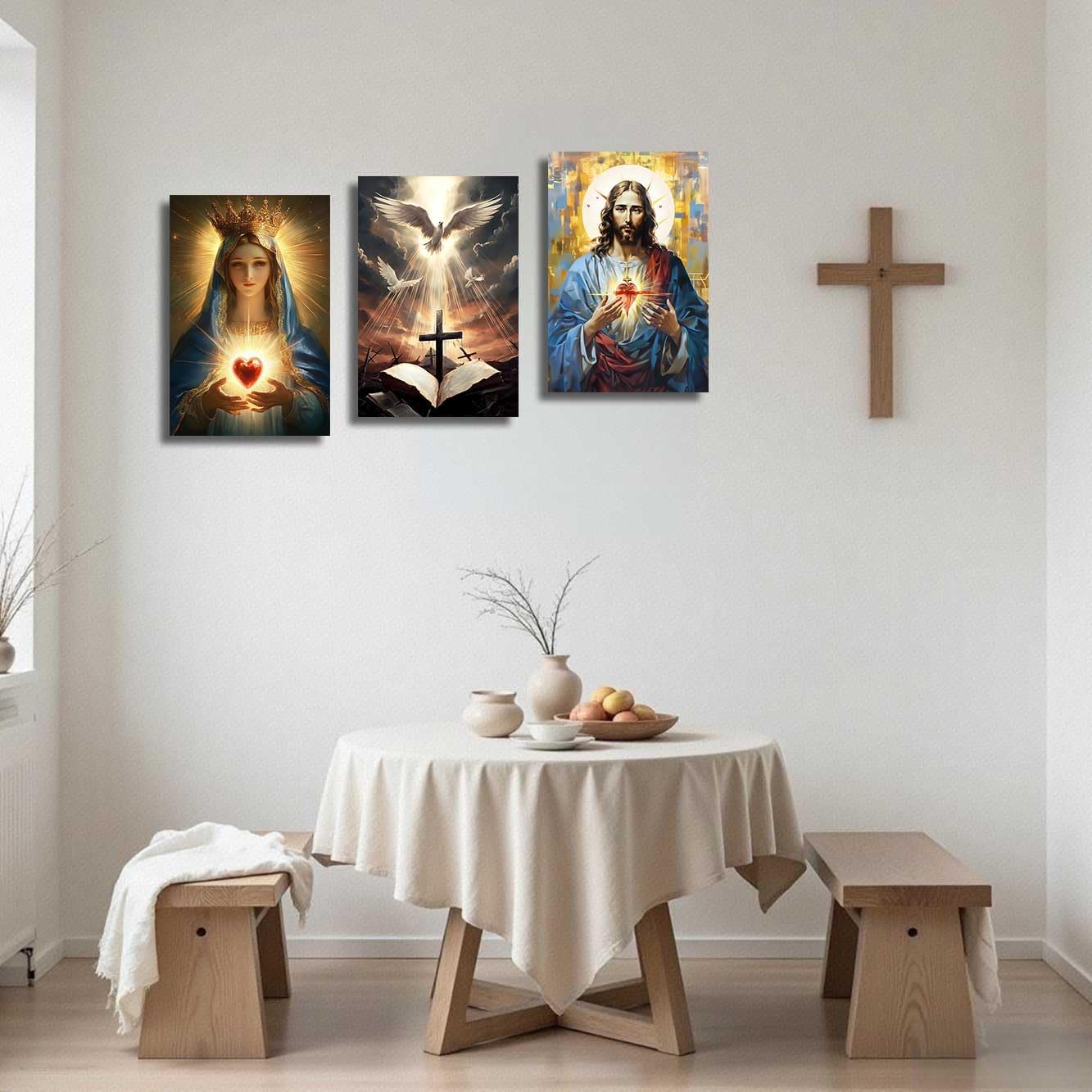 BJYCHG Sacred Heart Jesus and Mary Wall Art Catholic Pictures 3 Pieces Cross Dove of Peace Canvas Paintings Jesus Poster Prints Mary Christian Home Decor Frame (Blue, (12x16inx3 Pieces))