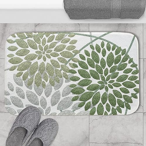 Asamour Sage Green Dahlia Bathroom Rug Bath Mat Elegant Boho Floral Non Slip Doormat Water Absorbent Area Rugs Carpet Thick Plush Door Mats Kitchen Bathtub Shower Floor Mats