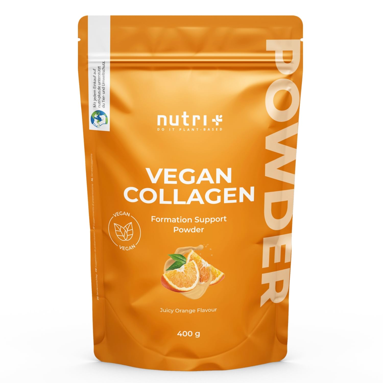Nutri + Vegan Collagen Formation Support - Pulver zur Unterstützung der Kollagenbildung bzw. Kollagen Peptiden - mit Hyaluronsäure - 400 g Orange