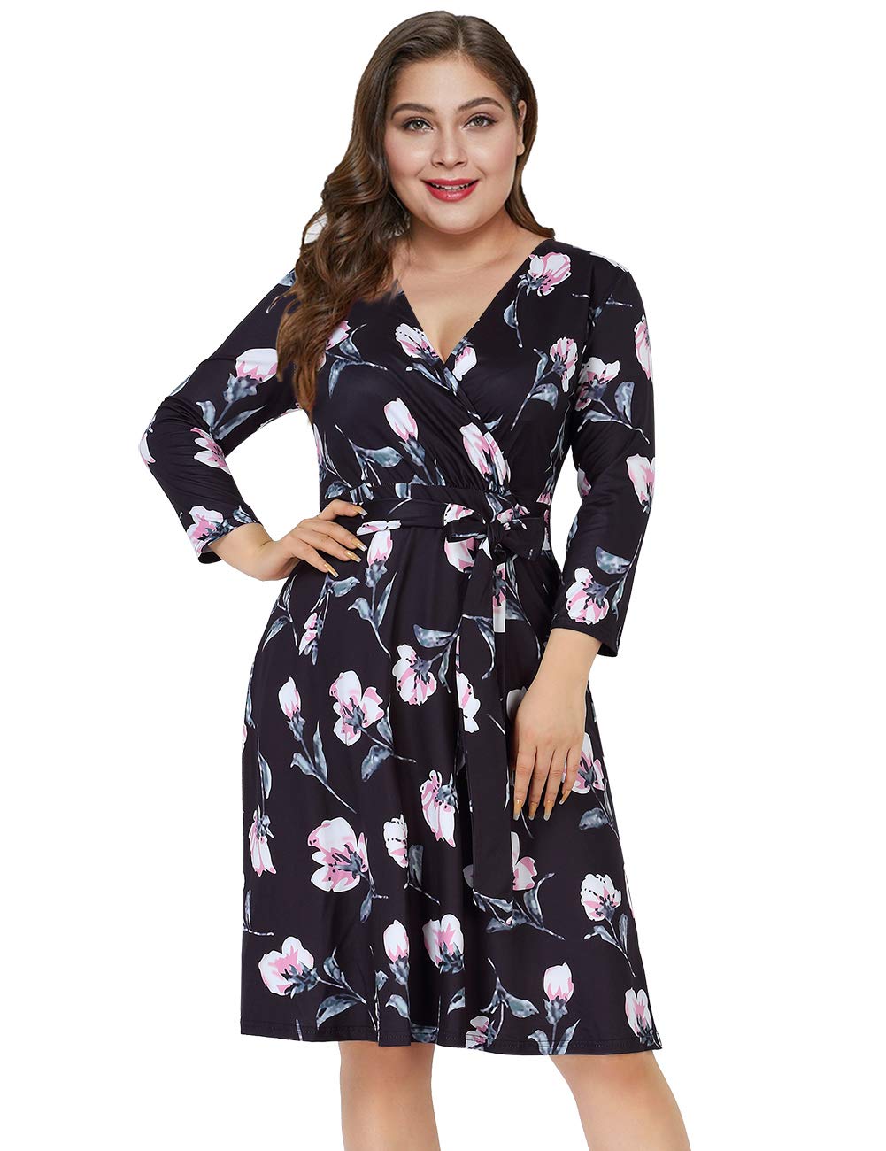 AMZ PLUSWomens V-Neck 3/4 Sleeve A Line Midi Faux Wrap Plus Size Cocktail Party Swing Dress