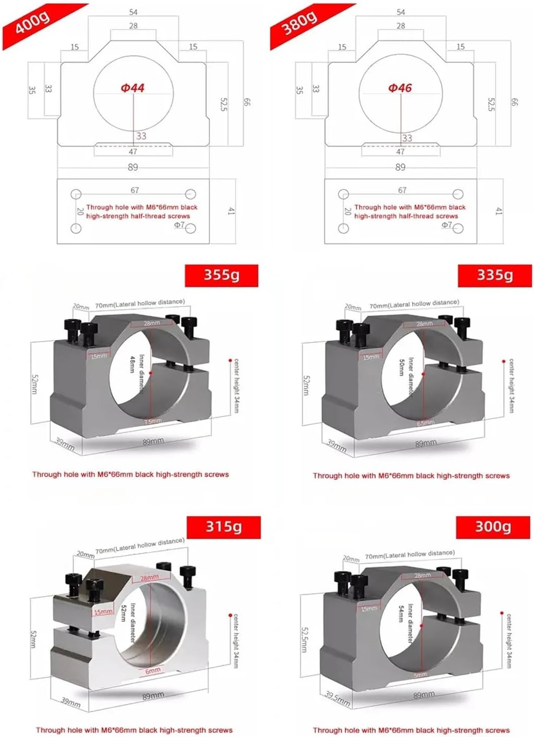 Spindle Motor Bracket Diameter 20mm 22mm 24mm 26mm 28mm 30mm 32mm 34mm 36mm Aluminum Clamp with 4 Hexagon Socket Bolt(36mm)