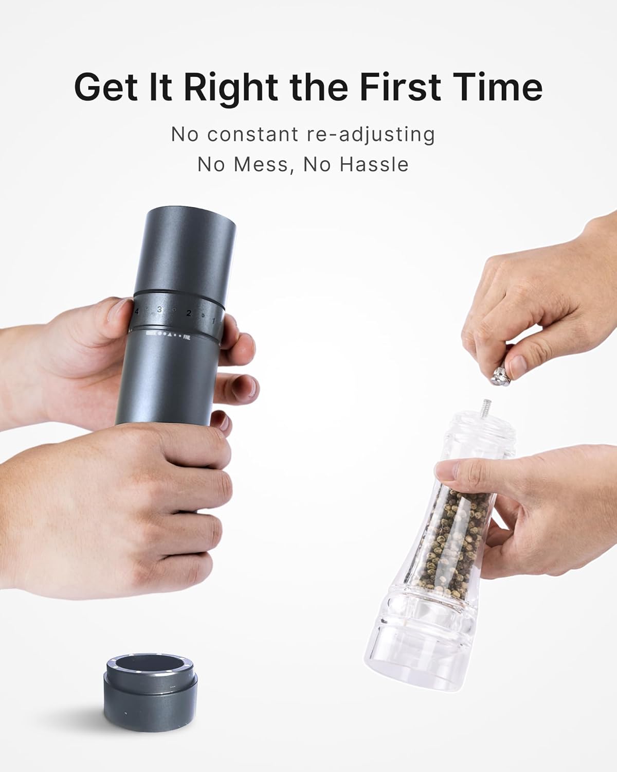 Manual Pepper Grinder with External Adjustment — All-Metal Pepper Mill with 1-Second Precision Grind Control, Smooth Fast Grinding, No-Mess Magnetic Base, Stainless Steel Burr (Deep Gray)