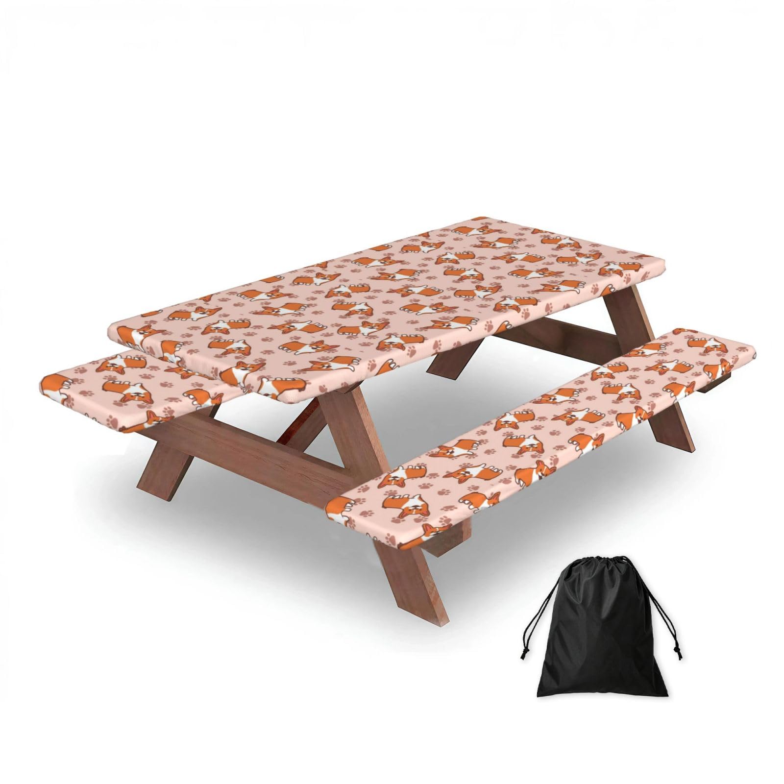 Cartoon Corgis, Picnic Table Cover With Bench Covers -Waterproof Elastic Fitted Tablecloth for Garden Camping Patio 76x152cm