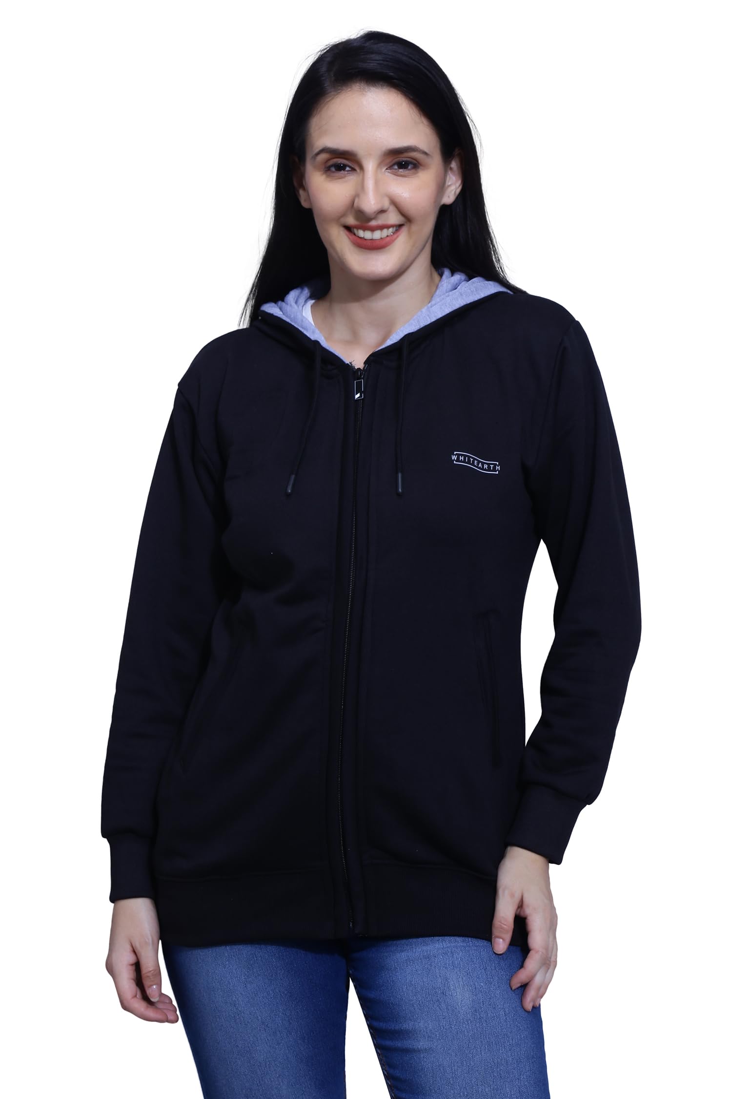 whitearth Fleece Jacket for Women with Hoodie and Zipper Pockets. Plain Travel Winterwear in Dark Colours (L-800)-picture-11