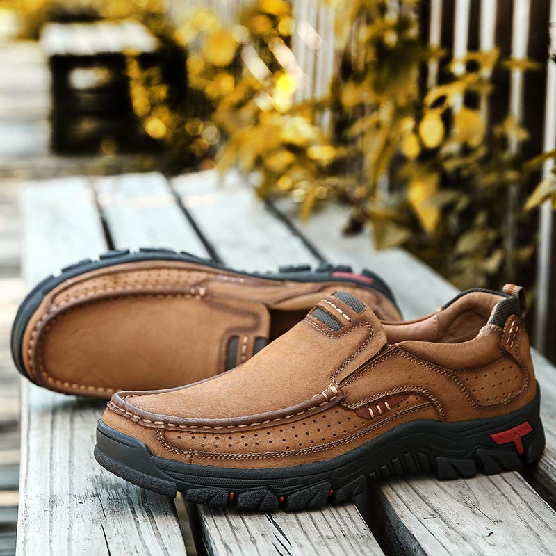 Men's Leather Slip-On Loafers, Casual Hiking Walking Shoes, Brown Perforated Moccasin Style, Rugged Non-Slip Outdoor Comfort Shoes2