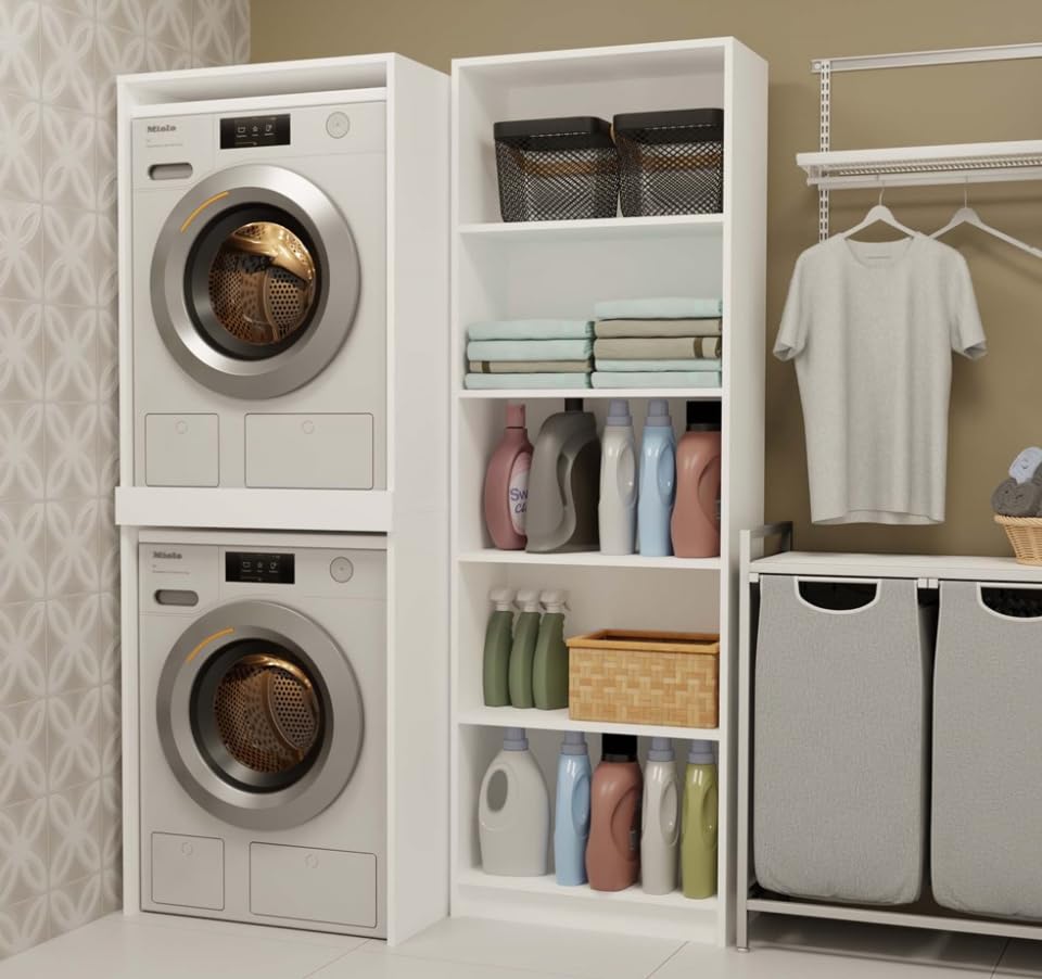 BDW - Armadietto per lavatrice e asciugatrice Pola Twin, 180 x 64 x 64 cm, mobile alto per bagno, mobili da bagno, asciugatrice, bianco